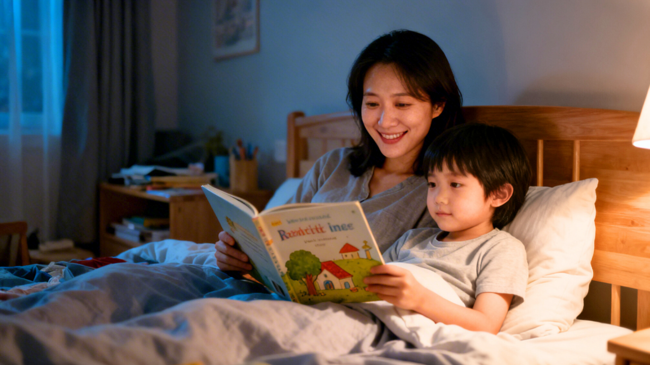 夜の寝室でリラックスしながら読み聞かせをする親子